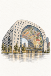 Rotterdam Markthal in Ink Wash, vertical ink and watercolour artwork