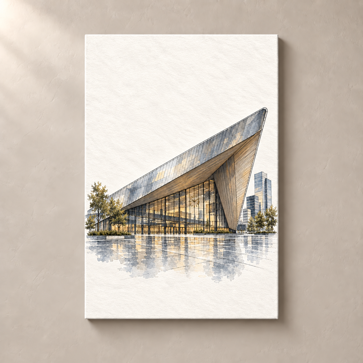Rotterdam Centraal in Ink and Wash – canvas standalone mockup on beige wall