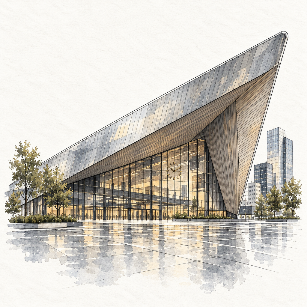Rotterdam Centraal in Ink and Wash, vertical ink and watercolour artwork