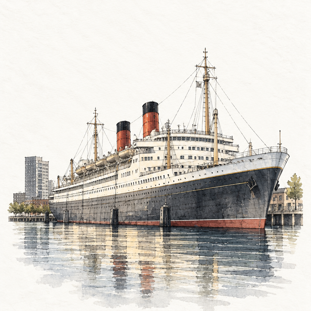 SS Rotterdam at Katendrecht, vertical ink and watercolour artwork