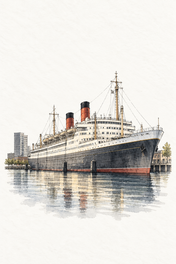 SS Rotterdam at Katendrecht, vertical ink and watercolour artwork