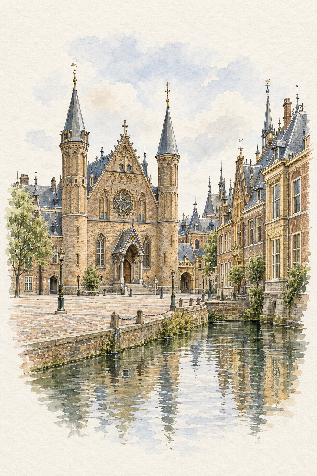 Binnenhof in Watercolour, The Hague vertical ink and watercolour artwork