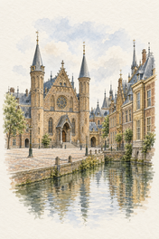 Binnenhof in Watercolour, The Hague vertical ink and watercolour artwork