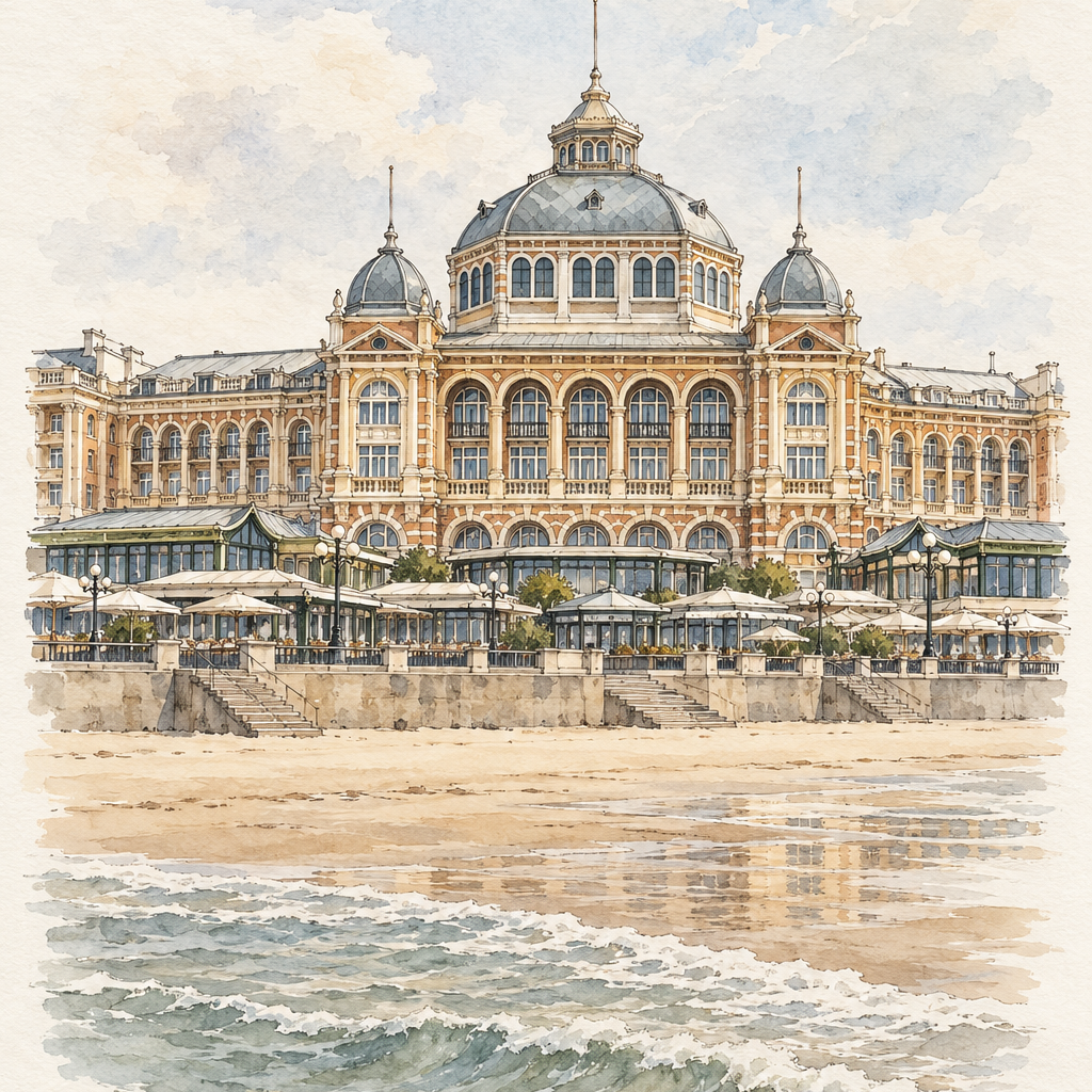 Kurhaus by the Sea in Scheveningen, The Hague vertical ink and watercolour artwork
