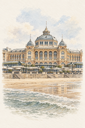 Kurhaus by the Sea in Scheveningen, The Hague vertical ink and watercolour artwork