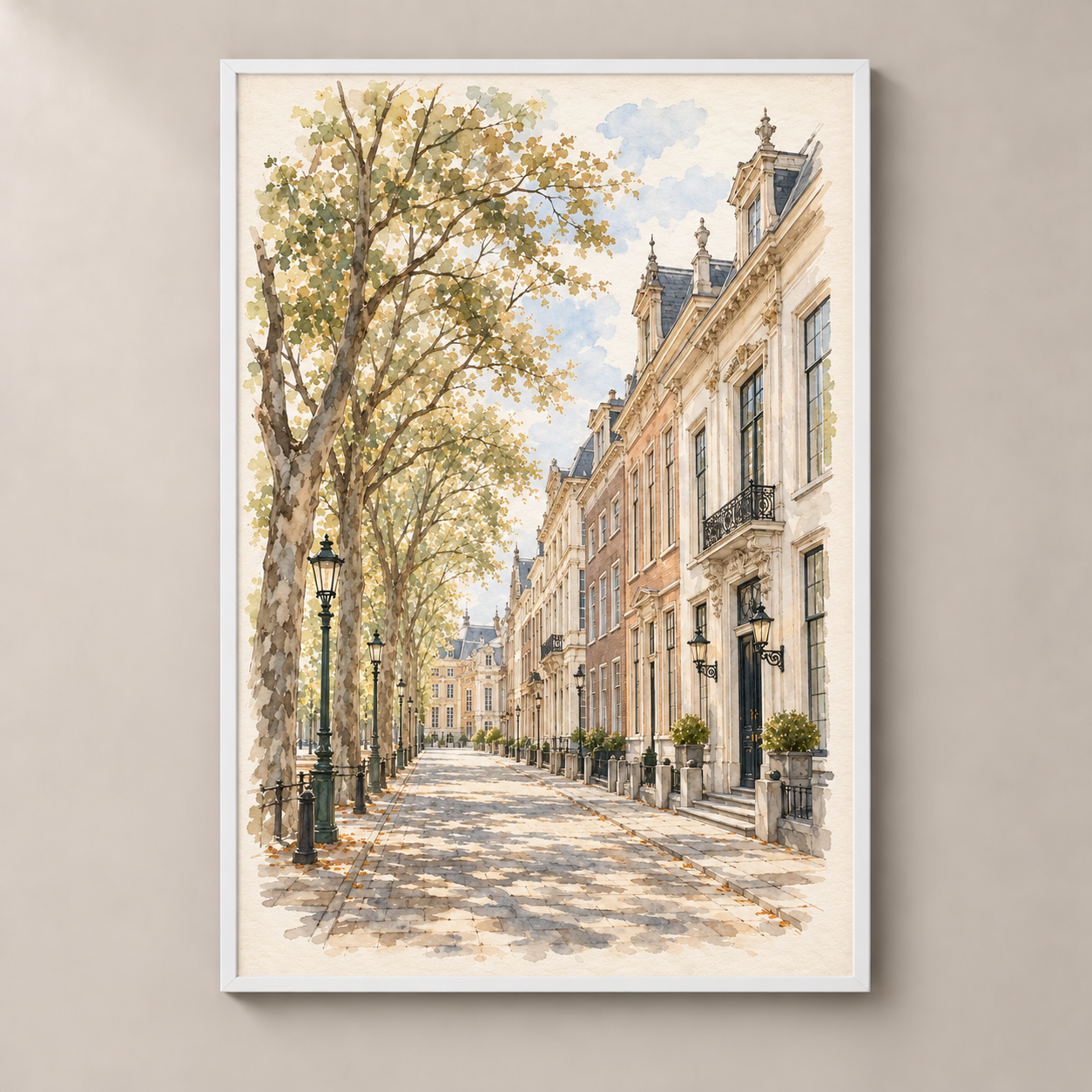 Lange Voorhout in Soft Watercolour – poster standalone mockup on beige wall