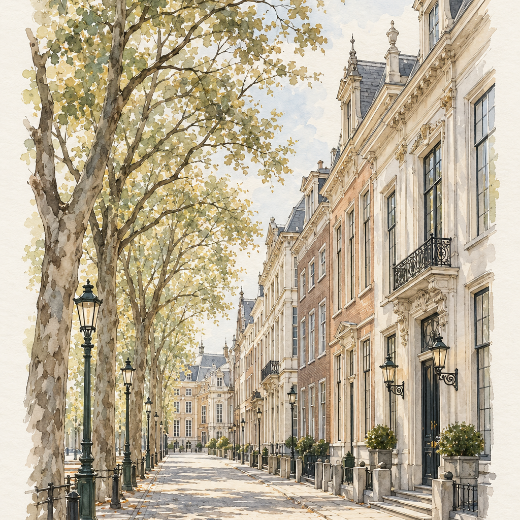 Lange Voorhout in Soft Watercolour, The Hague vertical ink and watercolour artwork