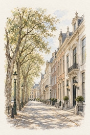 Lange Voorhout in Soft Watercolour, The Hague vertical ink and watercolour artwork