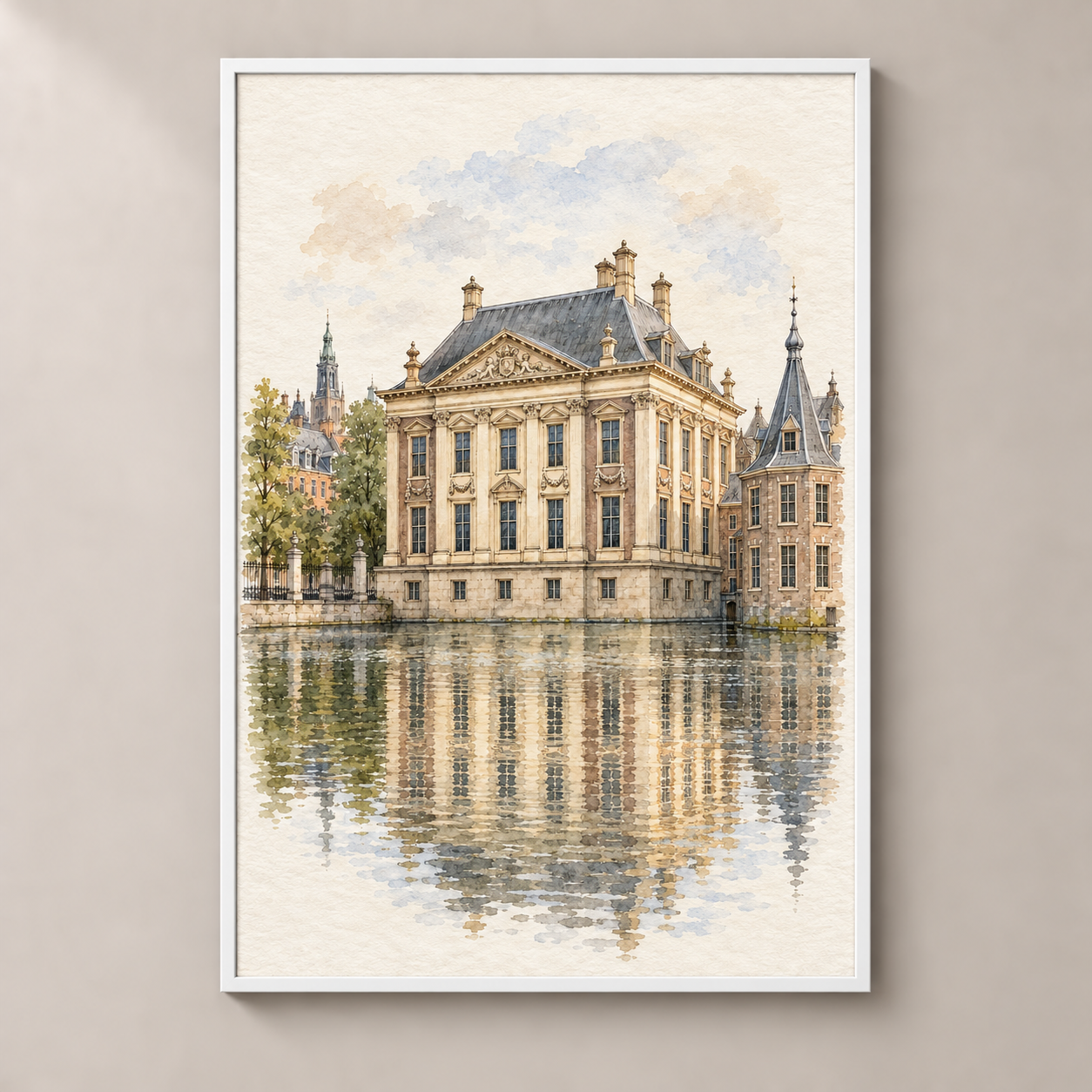 Mauritshuis by the Hofvijver – poster standalone mockup on beige wall