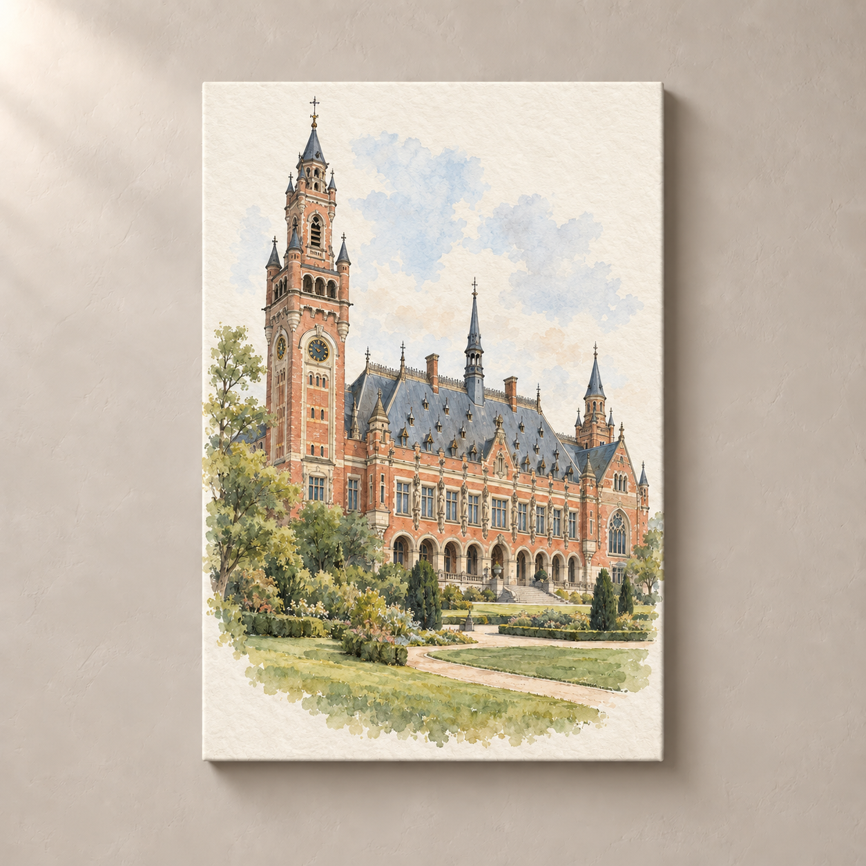 Peace Palace in Soft Watercolour – canvas standalone mockup on beige wall