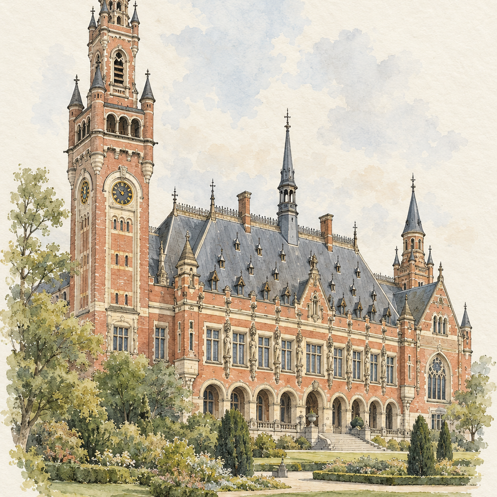 Peace Palace in Soft Watercolour, The Hague vertical ink and watercolour artwork