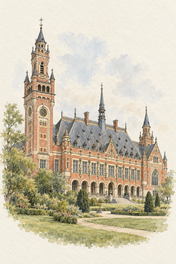 Peace Palace in Soft Watercolour, The Hague vertical ink and watercolour artwork