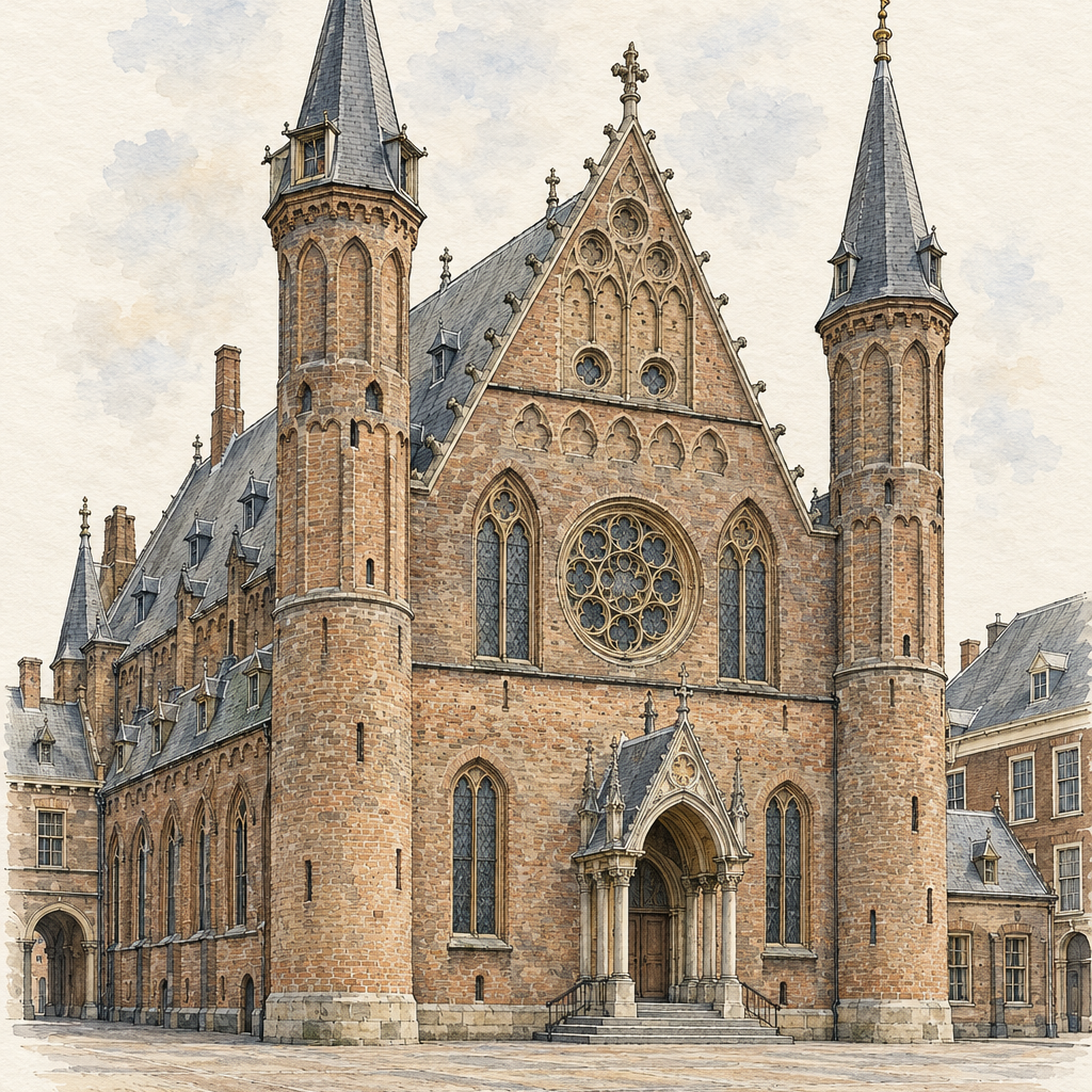 Ridderzaal at the Binnenhof, The Hague vertical ink and watercolour artwork