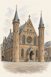 Ridderzaal at the Binnenhof, The Hague vertical ink and watercolour artwork