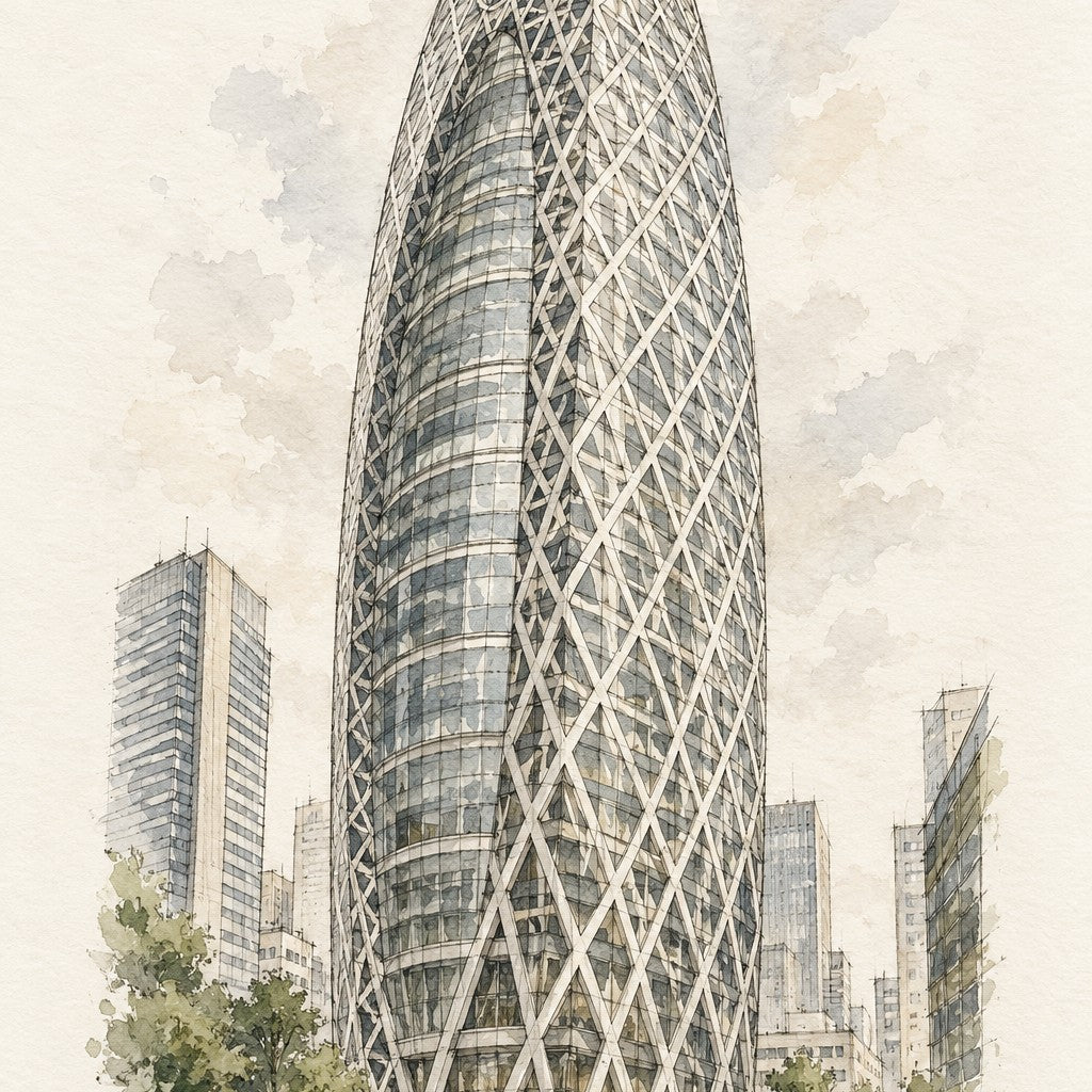 Mode Gakuen Cocoon Tower, Tokyo vertical ink and watercolour artwork