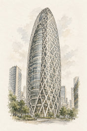 Mode Gakuen Cocoon Tower, Tokyo vertical ink and watercolour artwork