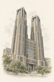 Tokyo Metropolitan Government Building, Tokyo vertical ink and watercolour artwork