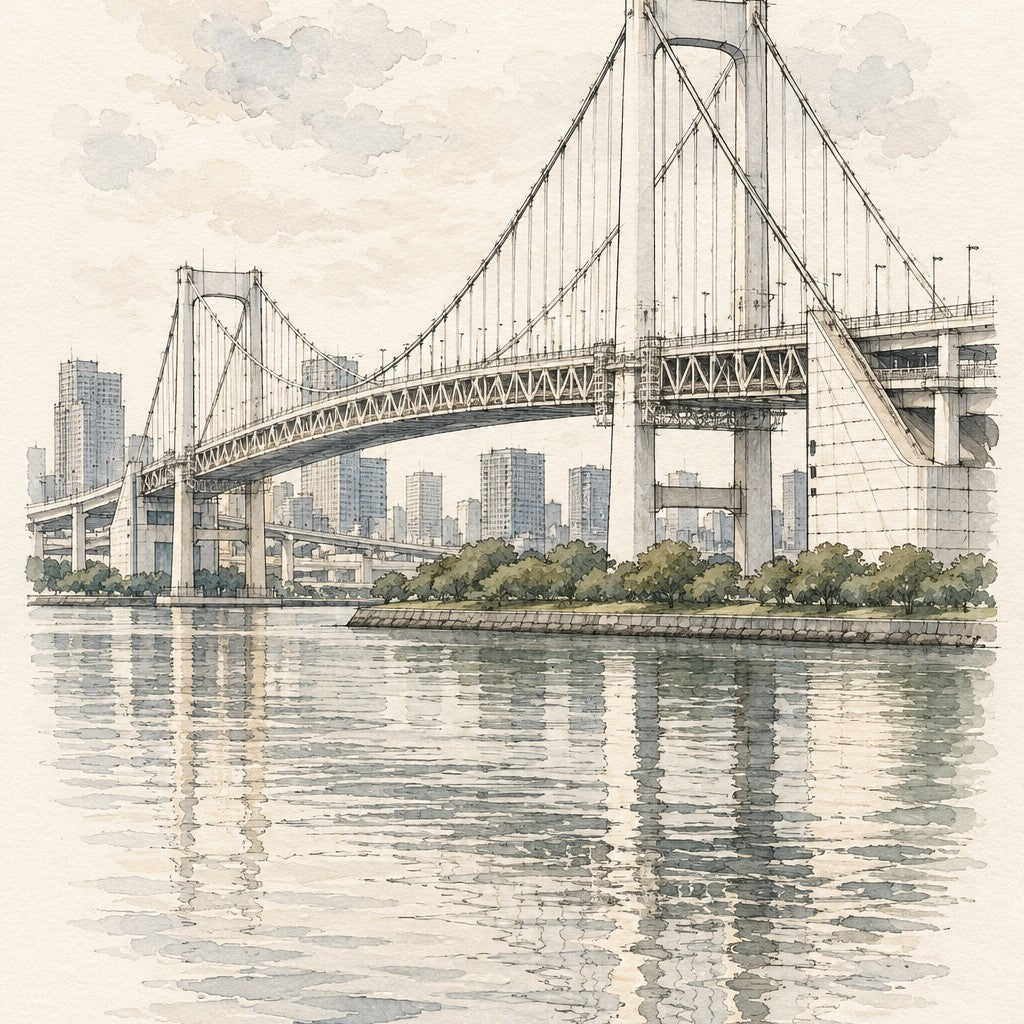Rainbow Bridge over Tokyo Bay, Tokyo vertical ink and watercolour artwork