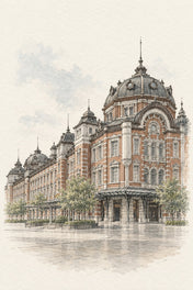 Tokyo Station in Watercolour, Tokyo vertical ink and watercolour artwork