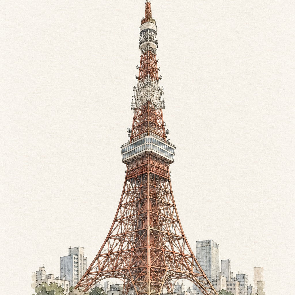 Tokyo Tower in Ink and Watercolour, Tokyo vertical ink and watercolour artwork