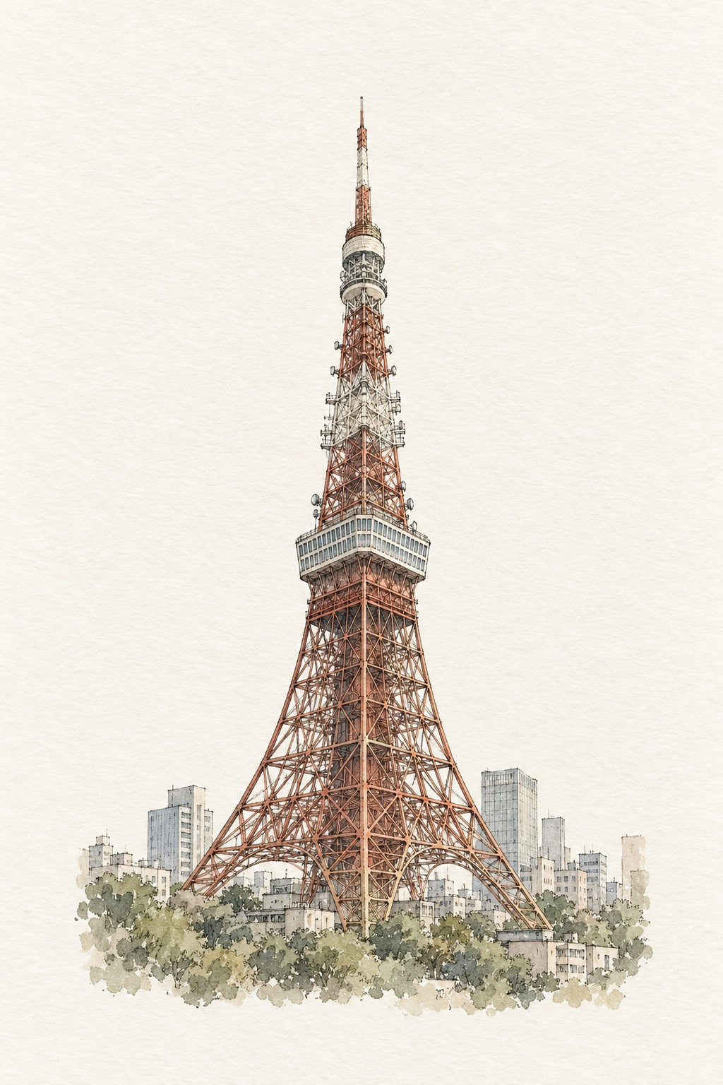 Tokyo Tower in Ink and Watercolour, Tokyo vertical ink and watercolour artwork