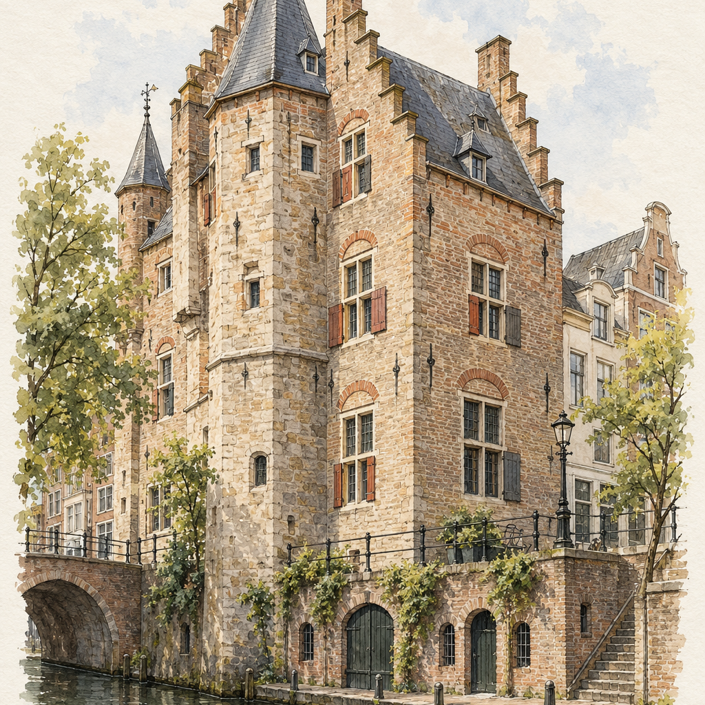Oudaen Castle by the Oudegracht, Utrecht vertical ink and watercolour artwork