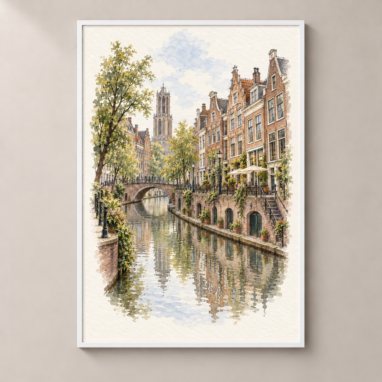 Utrecht Oudegracht and Wharf Cellars – poster standalone mockup on beige wall