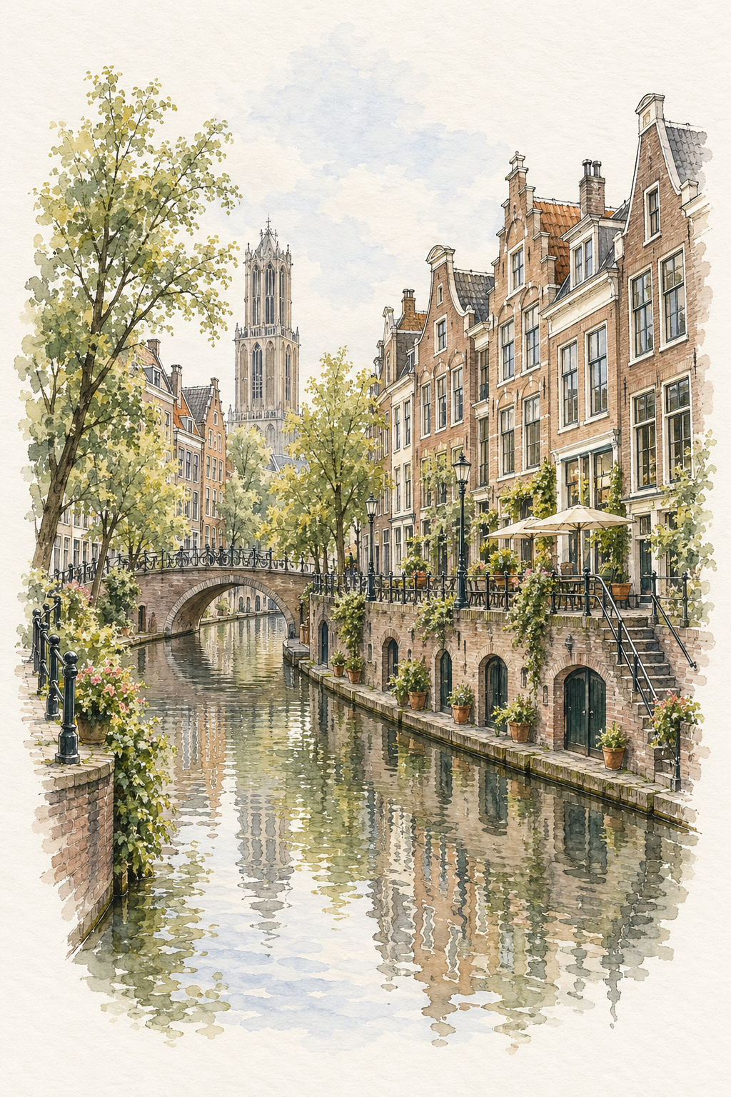 Utrecht Oudegracht and Wharf Cellars, Utrecht vertical ink and watercolour artwork