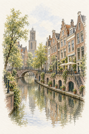 Utrecht Oudegracht and Wharf Cellars, Utrecht vertical ink and watercolour artwork