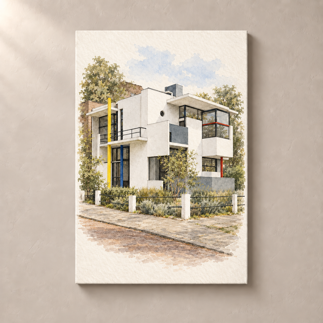 Rietveld Schroder House in Watercolour – canvas standalone mockup on beige wall