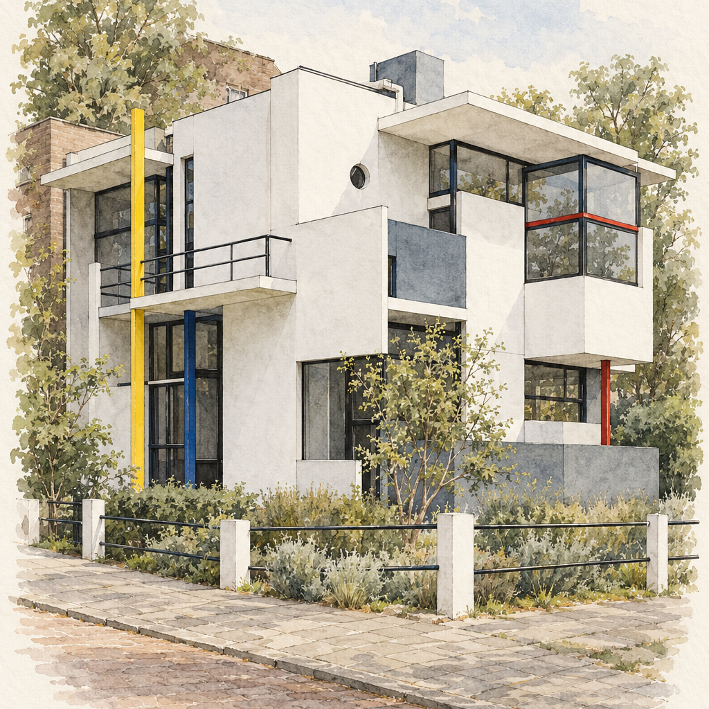 Rietveld Schroder House in Watercolour, Utrecht vertical ink and watercolour artwork