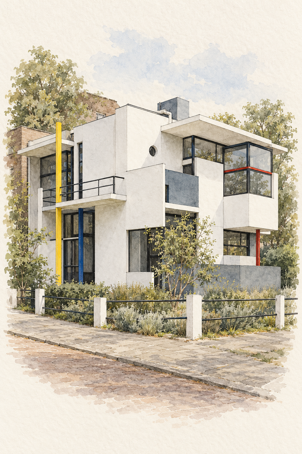 Rietveld Schroder House in Watercolour, Utrecht vertical ink and watercolour artwork