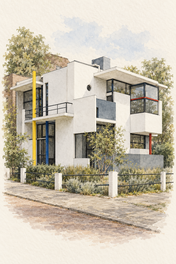 Rietveld Schroder House in Watercolour, Utrecht vertical ink and watercolour artwork