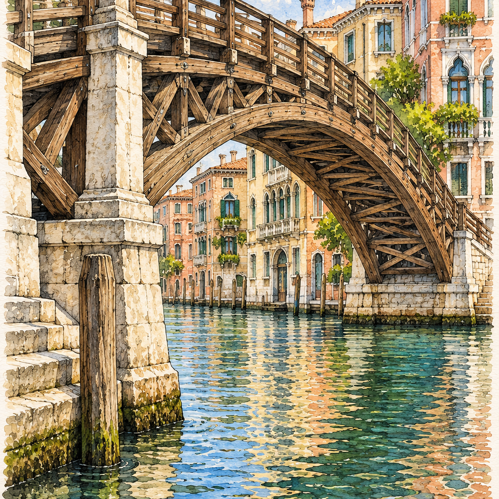 Accademia Bridge over the Grand Canal, Venice vertical ink and watercolour artwork