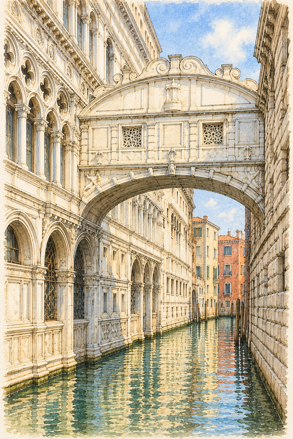 Bridge of Sighs over a Quiet Canal, Venice vertical ink and watercolour artwork