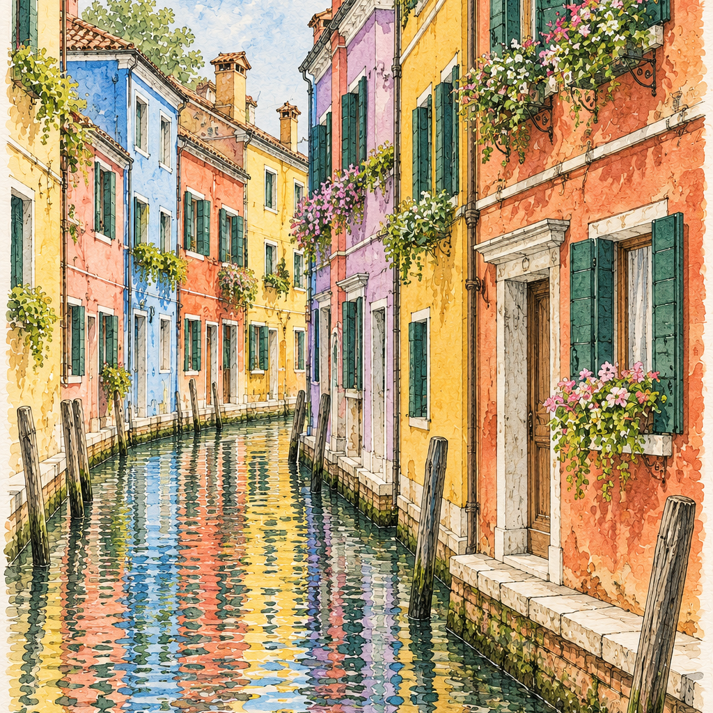 Burano Canal and Colourful Houses, Venice vertical ink and watercolour artwork