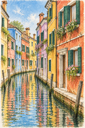 Burano Canal and Colourful Houses, Venice vertical ink and watercolour artwork