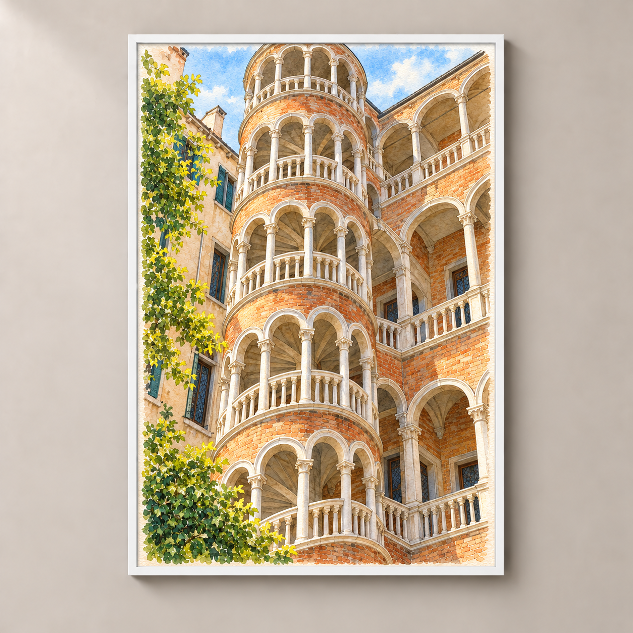 Palazzo Contarini del Bovolo Staircase – poster standalone mockup on beige wall