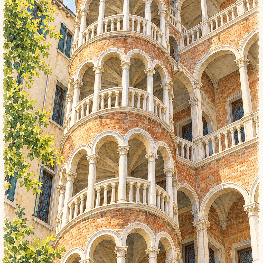 Palazzo Contarini del Bovolo Staircase, Venice vertical ink and watercolour artwork