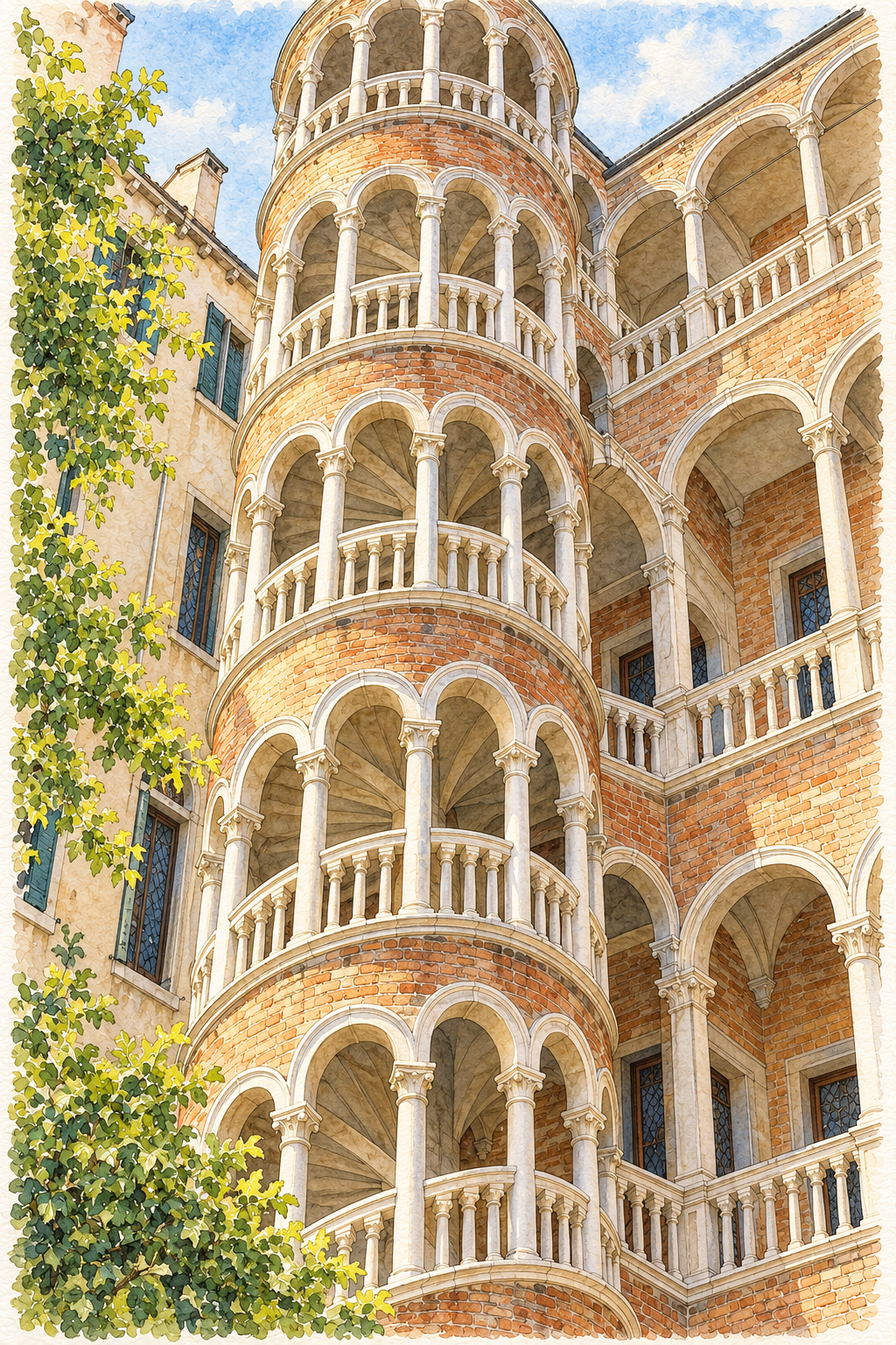 Palazzo Contarini del Bovolo Staircase, Venice vertical ink and watercolour artwork