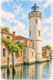 Murano Lighthouse by the Lagoon, Venice vertical ink and watercolour artwork