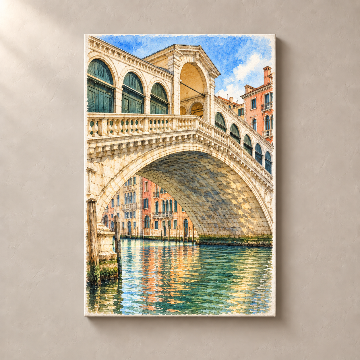 Rialto Bridge over the Grand Canal – canvas standalone mockup on beige wall