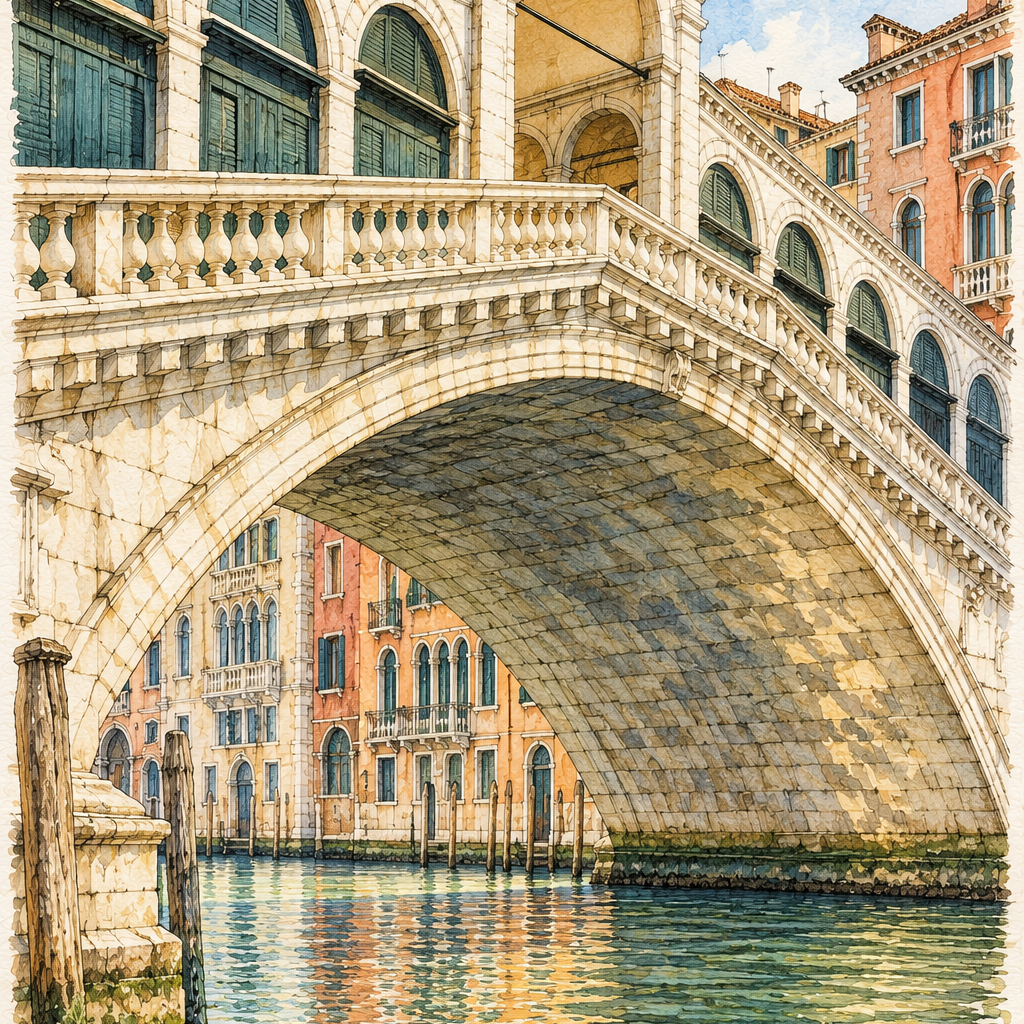 Rialto Bridge over the Grand Canal, Venice vertical ink and watercolour artwork
