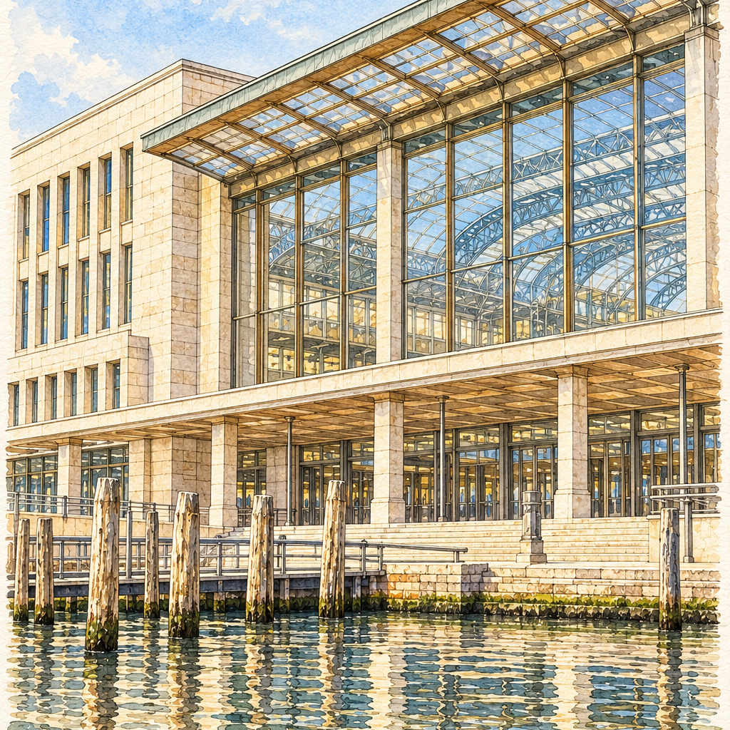 Santa Lucia Station by the Grand Canal, Venice vertical ink and watercolour artwork