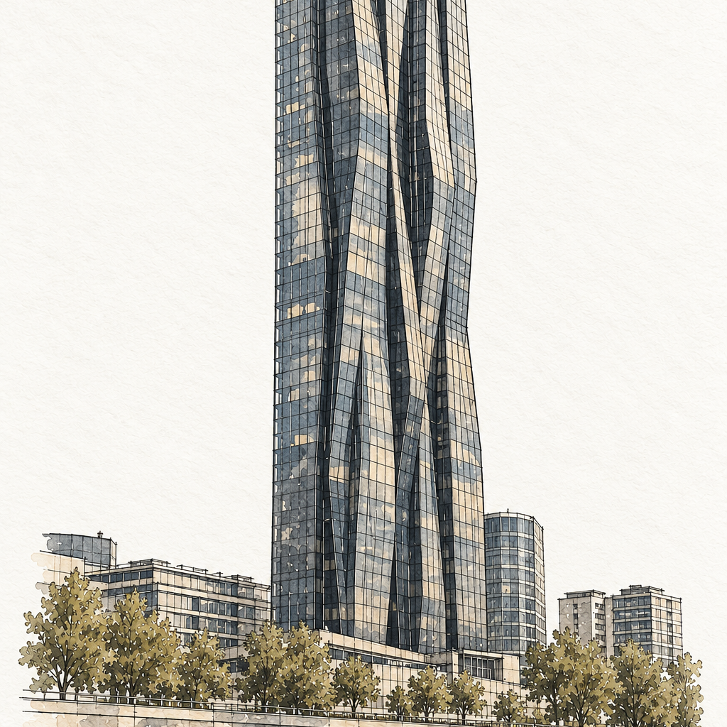 DC Tower 1 by the Danube, Vienna vertical ink and watercolour artwork