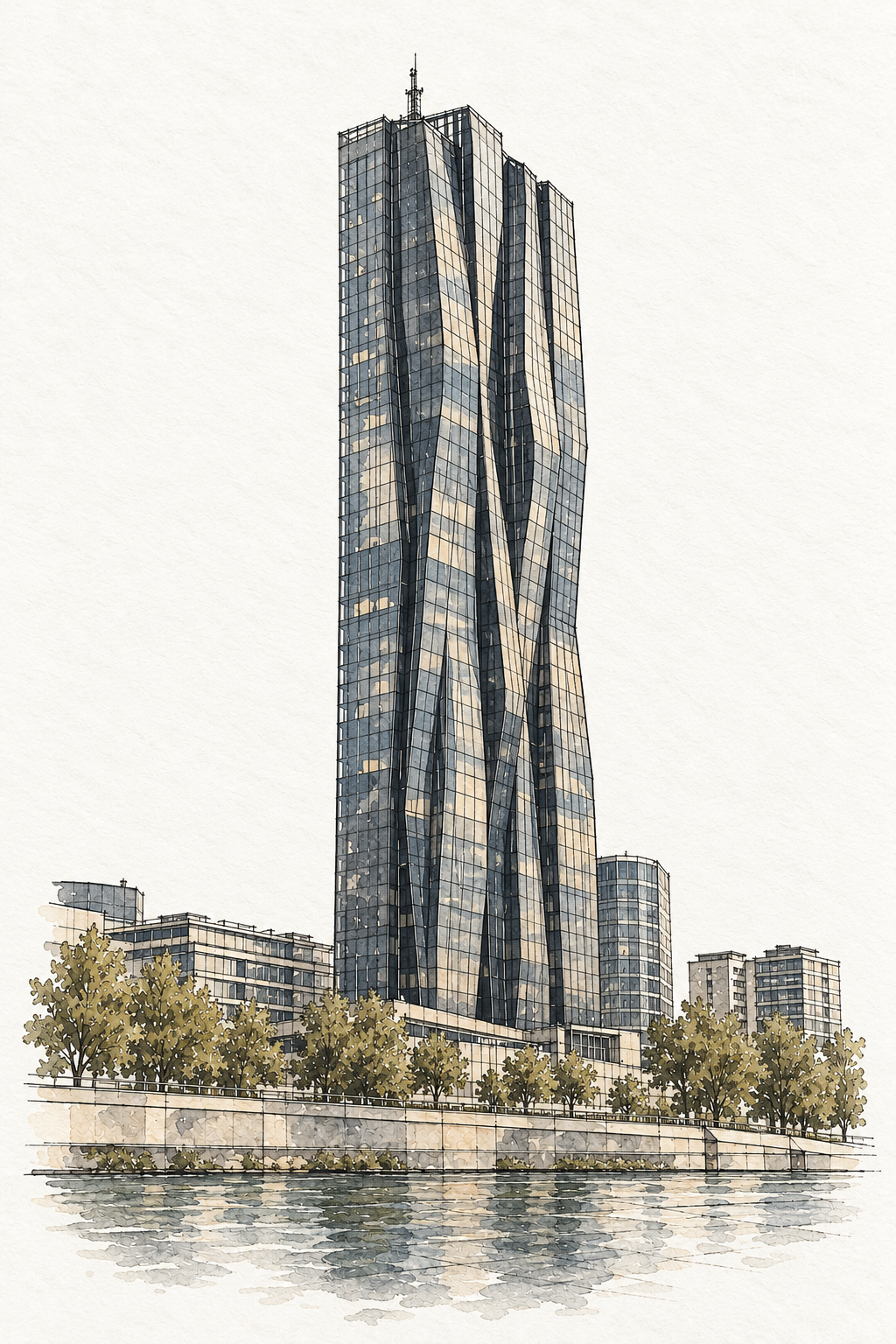 DC Tower 1 by the Danube, Vienna vertical ink and watercolour artwork