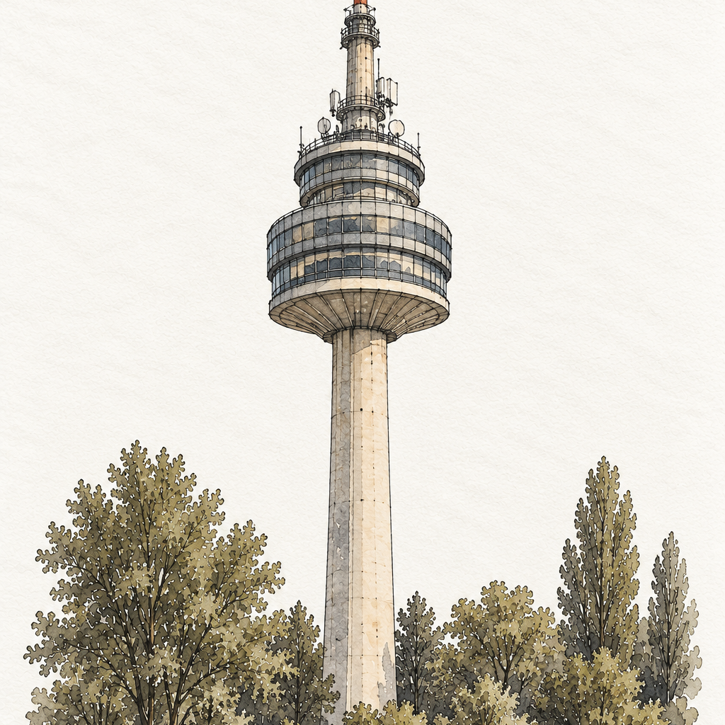 Donauturm above Donaupark, Vienna vertical ink and watercolour artwork