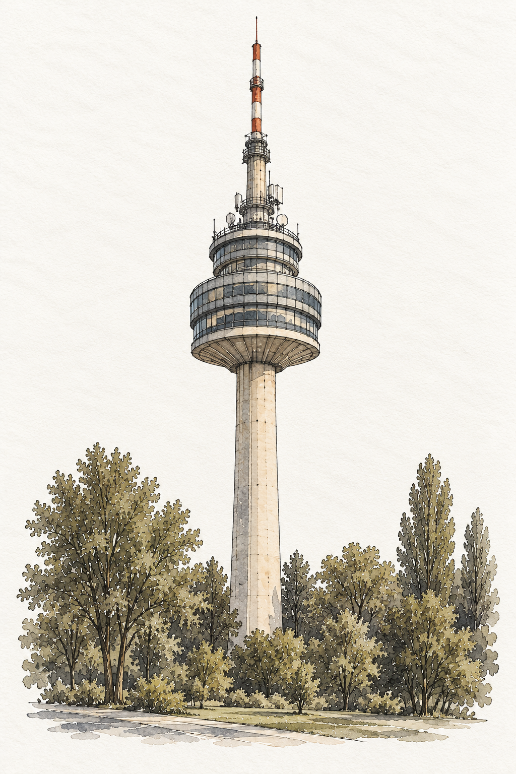 Donauturm above Donaupark, Vienna vertical ink and watercolour artwork
