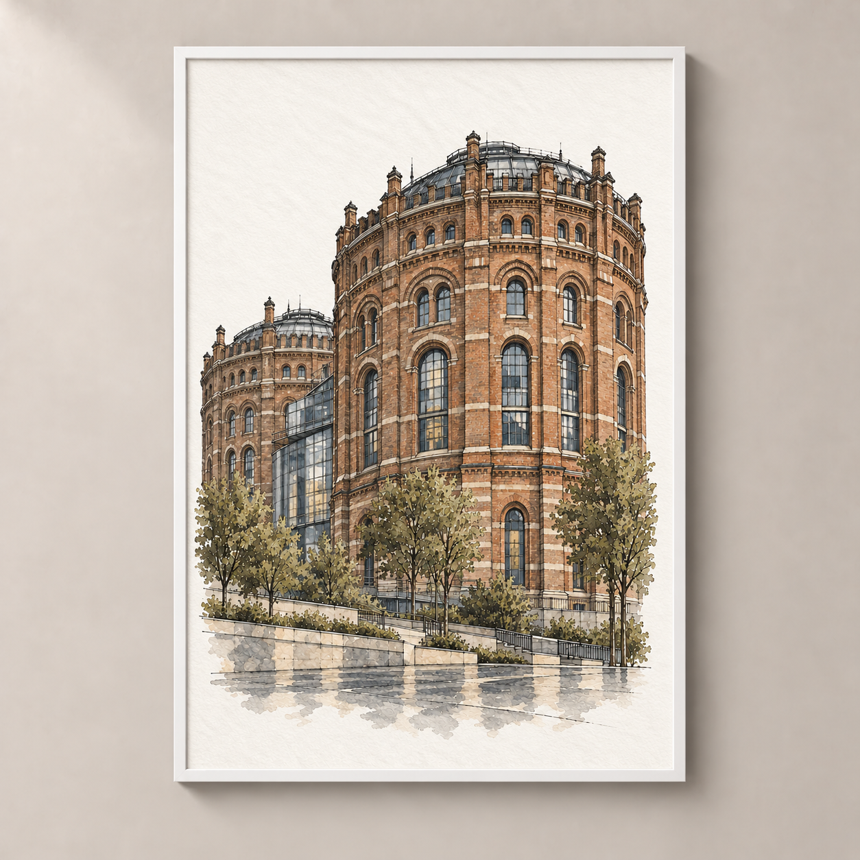 Vienna Gasometers in Watercolour poster standalone mockup
