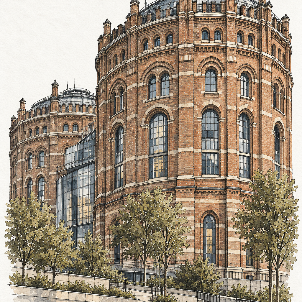 Vienna Gasometers in Watercolour, Vienna vertical ink and watercolour artwork